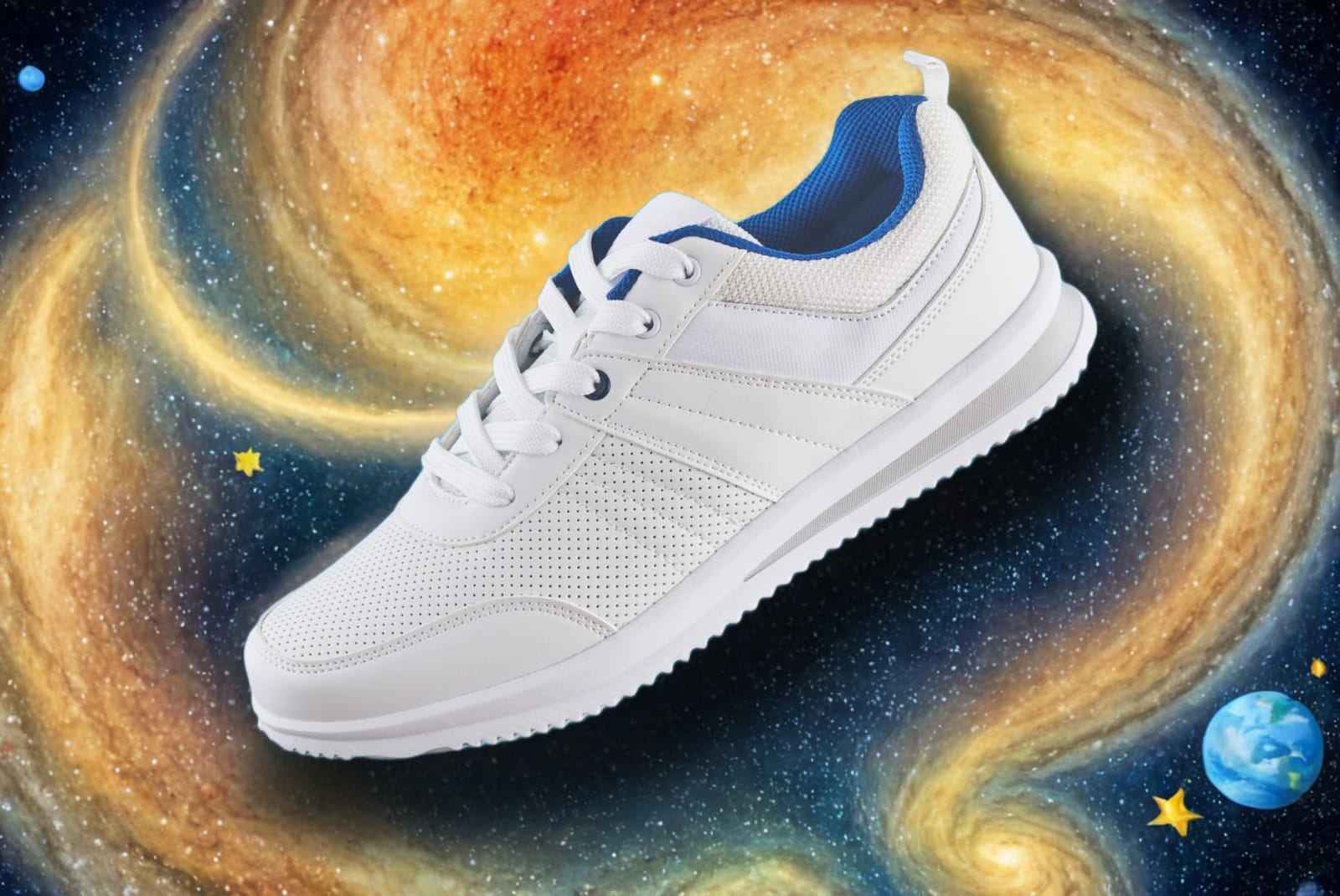 Image of shoe with background replace with cartoon outer space prompt